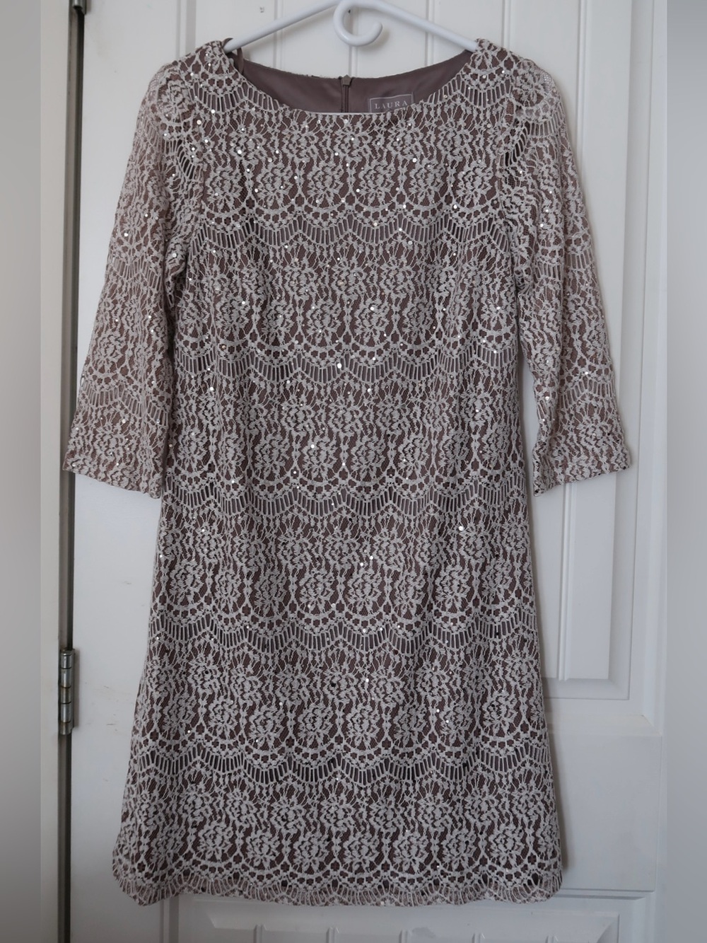 Laura Sequin Lace Sheath Dress | Champagne Taupe | Size 10